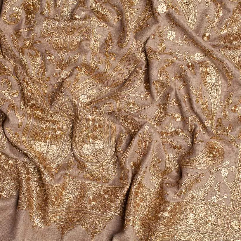 Ganderbal Hand Embroidered Pashmina Golden Zari