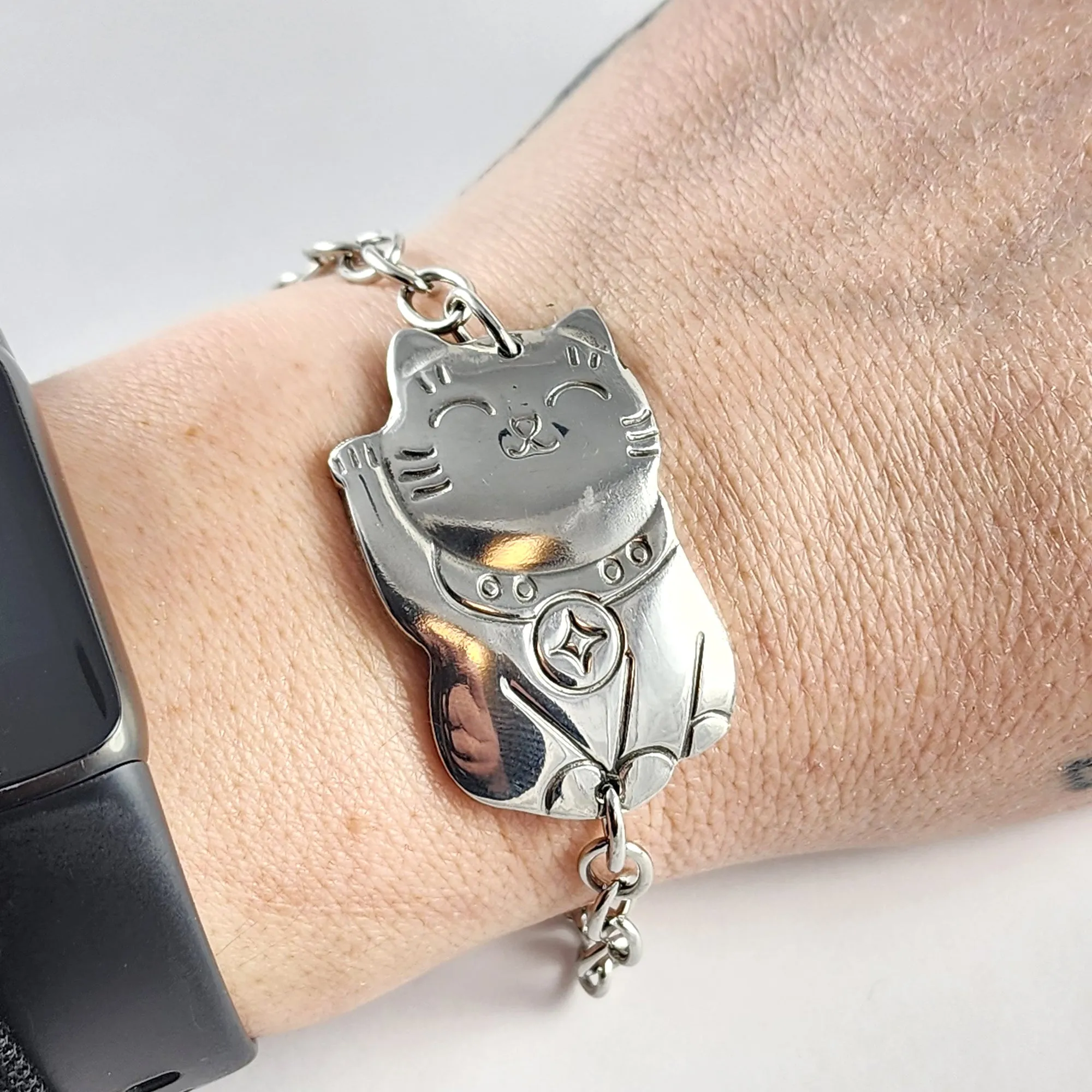 Maneki Neko Lucky Cat Stainless Steel Spoon Bracelet